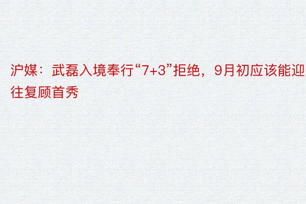 沪媒：武磊入境奉行“7+3”拒绝，9月初应该能迎往复顾首秀