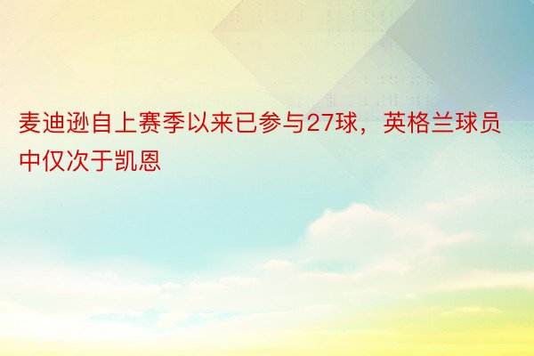 麦迪逊自上赛季以来已参与27球，英格兰球员中仅次于凯恩