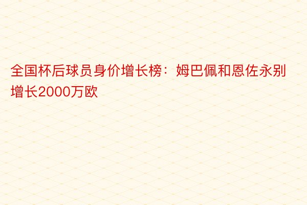 全国杯后球员身价增长榜：姆巴佩和恩佐永别增长2000万欧